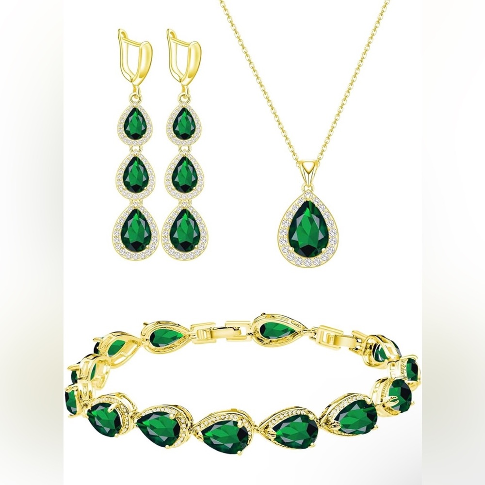 Necklace Long Earrings Bracelet Gold Plated Created Blue Sapphire Jewelry